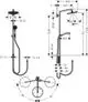Technische Zeichnung einer Hansgrohe-Duschsäule mit Kopf- und Handbrause. Maße und Installationsdetails sind schematisch dargestellt.